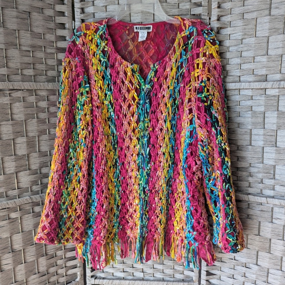 Vtg Y2K Rainbow Ribbon Open Crochet Fringe Pull‎ Over Top Sz 3X Boho Festival